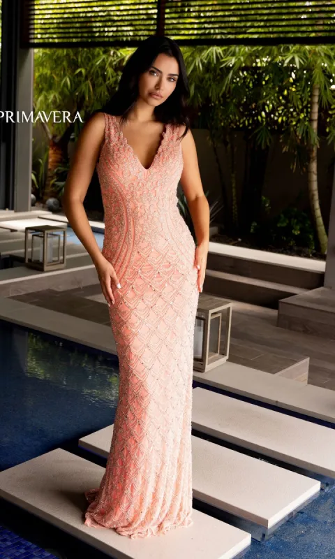 Primavera Deep V-Back Long Beaded Prom Dress 12102 sold by PromGirl