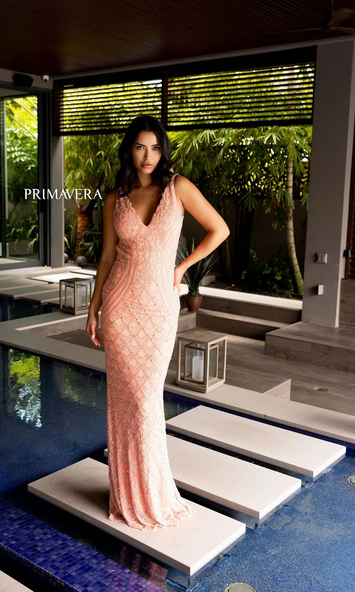 Primavera Deep V-Back Long Beaded Prom Dress 12102 sold by PromGirl product image thumbnail 4