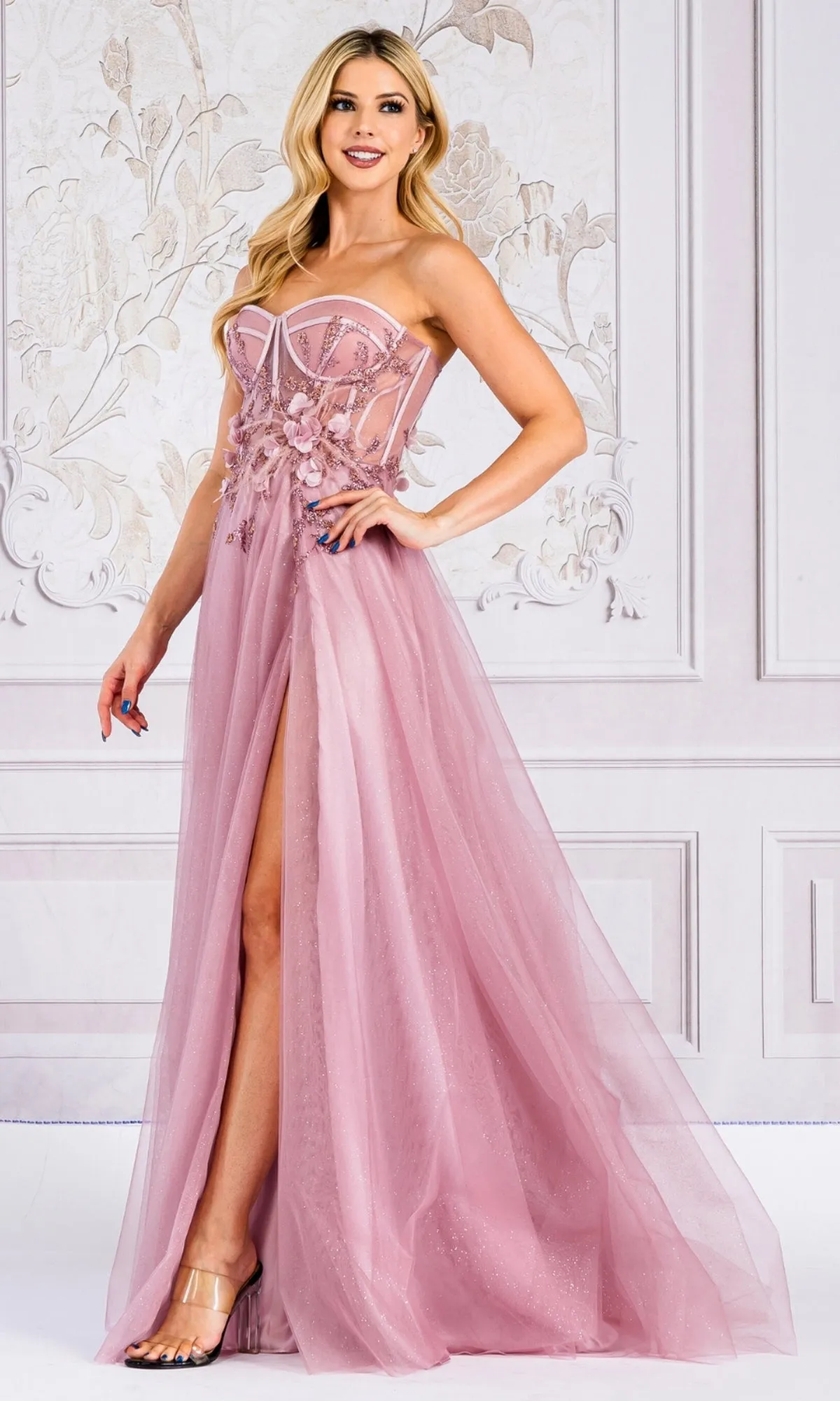 Sheer-Bustier Long Strapless Prom Ball Gown TM1015 sold by PromGirl