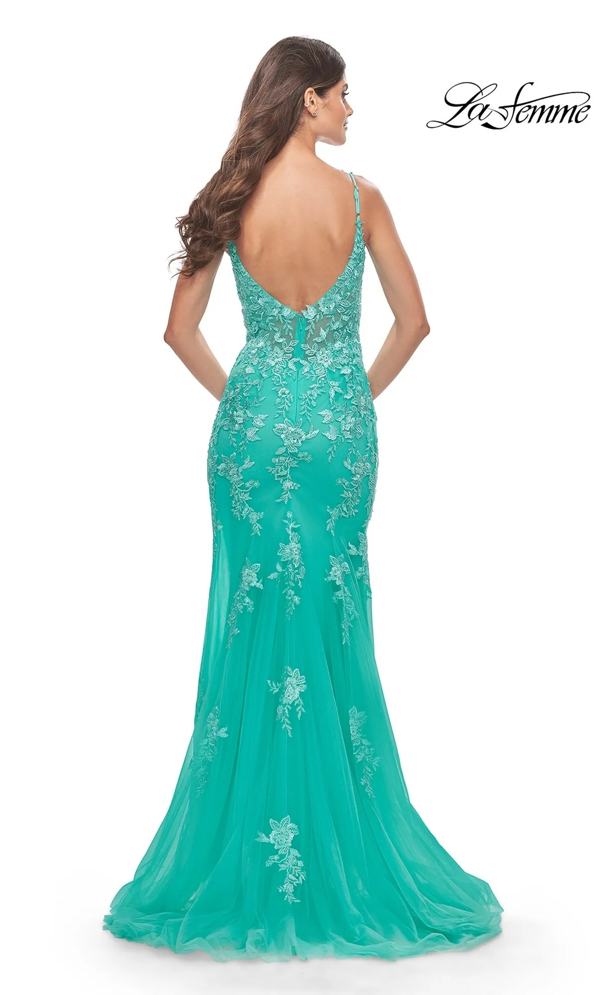 Sheer-Bodice La Femme Long Lace Prom Dress 31125 sold by PromGirl product image thumbnail 5