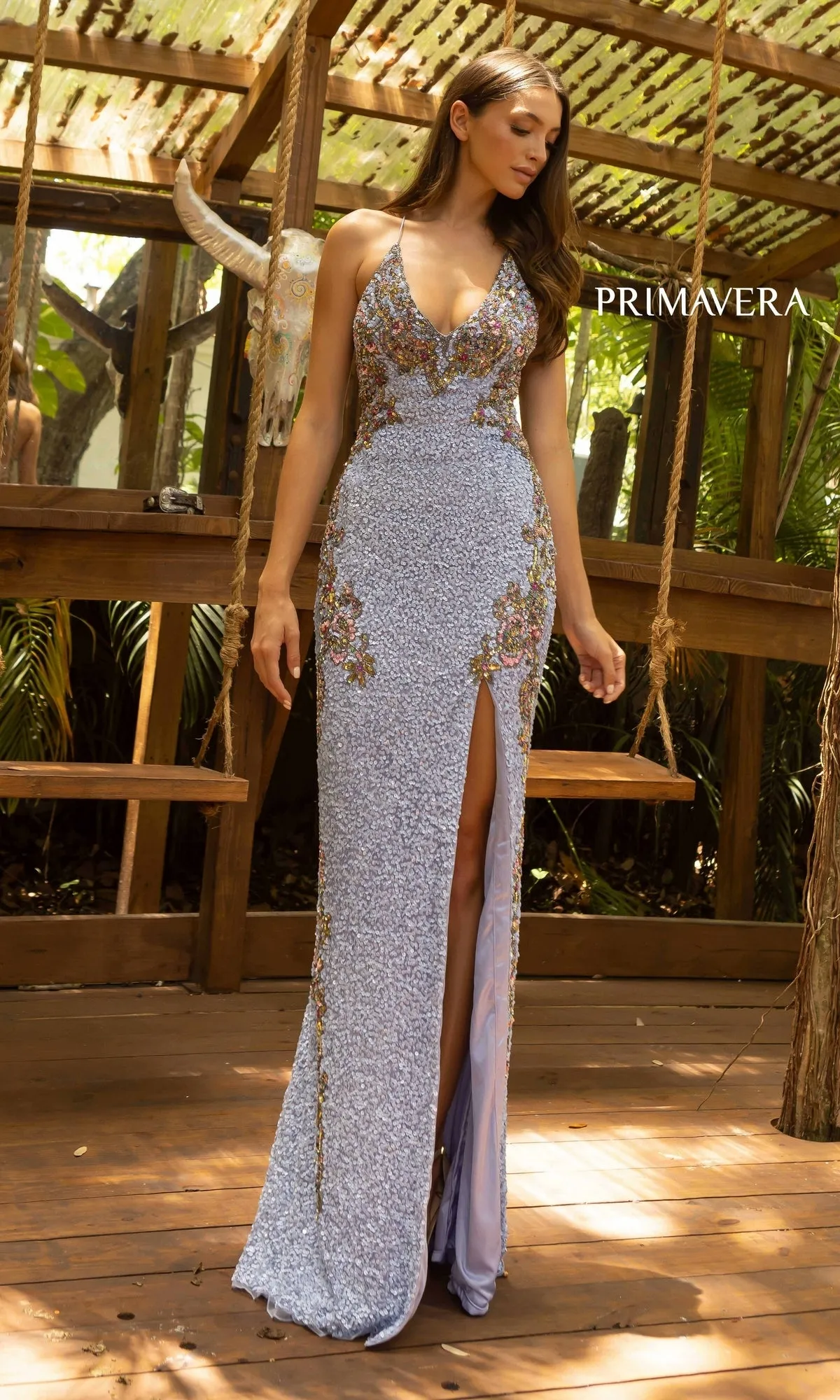 V-Neck Sequin Long Prom Gown with Lace-Up Back sold by PromGirl product image thumbnail 3