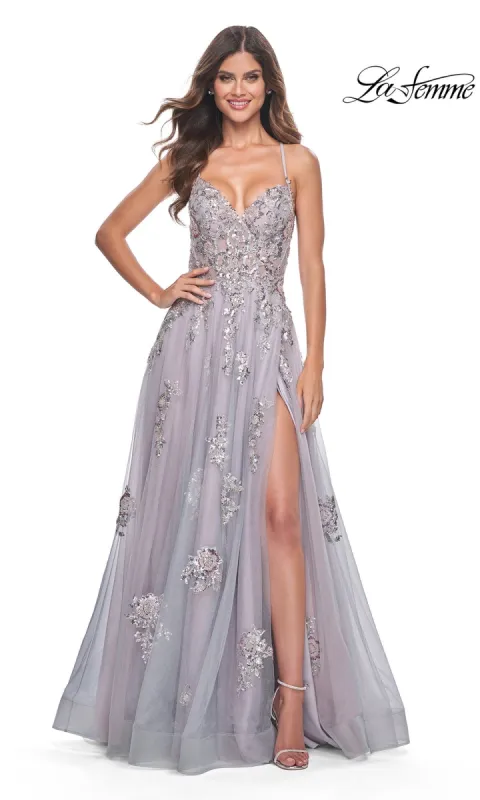 La Femme Strappy-Back Long A-Line Prom Dress 32200 sold by PromGirl