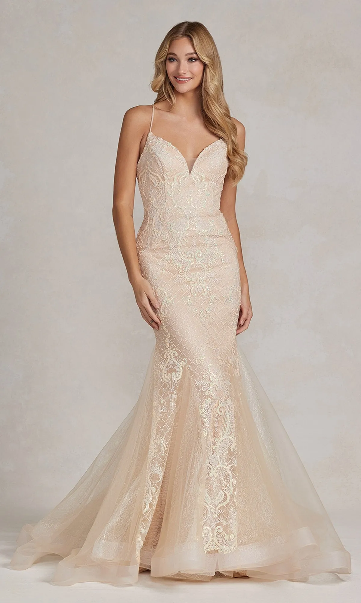 Champagne Long Mermaid Formal Gown sold by PromGirl product image thumbnail 3