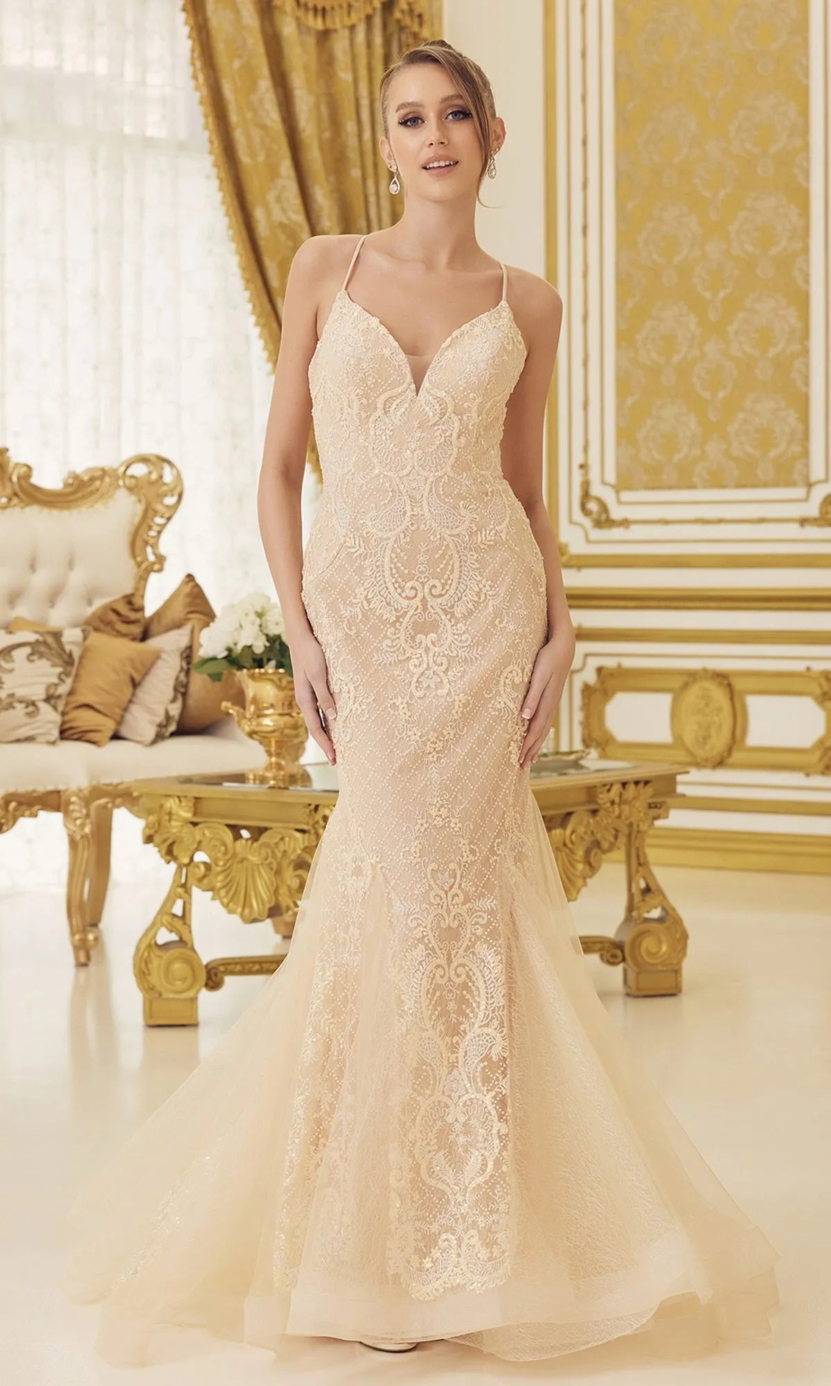 Champagne Long Mermaid Formal Gown sold by PromGirl