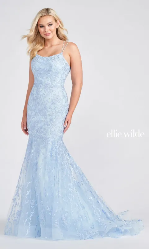 Long Lace Mermaid Prom Dress with Strappy Back sold by PromGirl