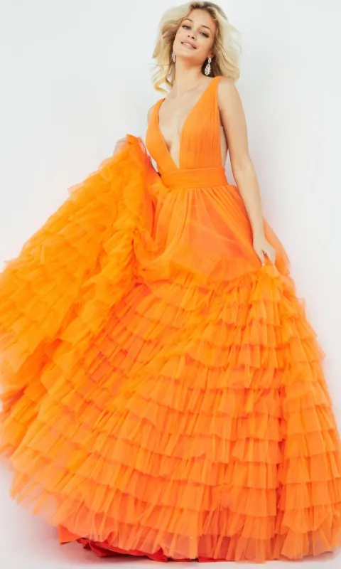 Jovani V-Neck Long Ruffled Prom Ball Gown 07264 sold by PromGirl