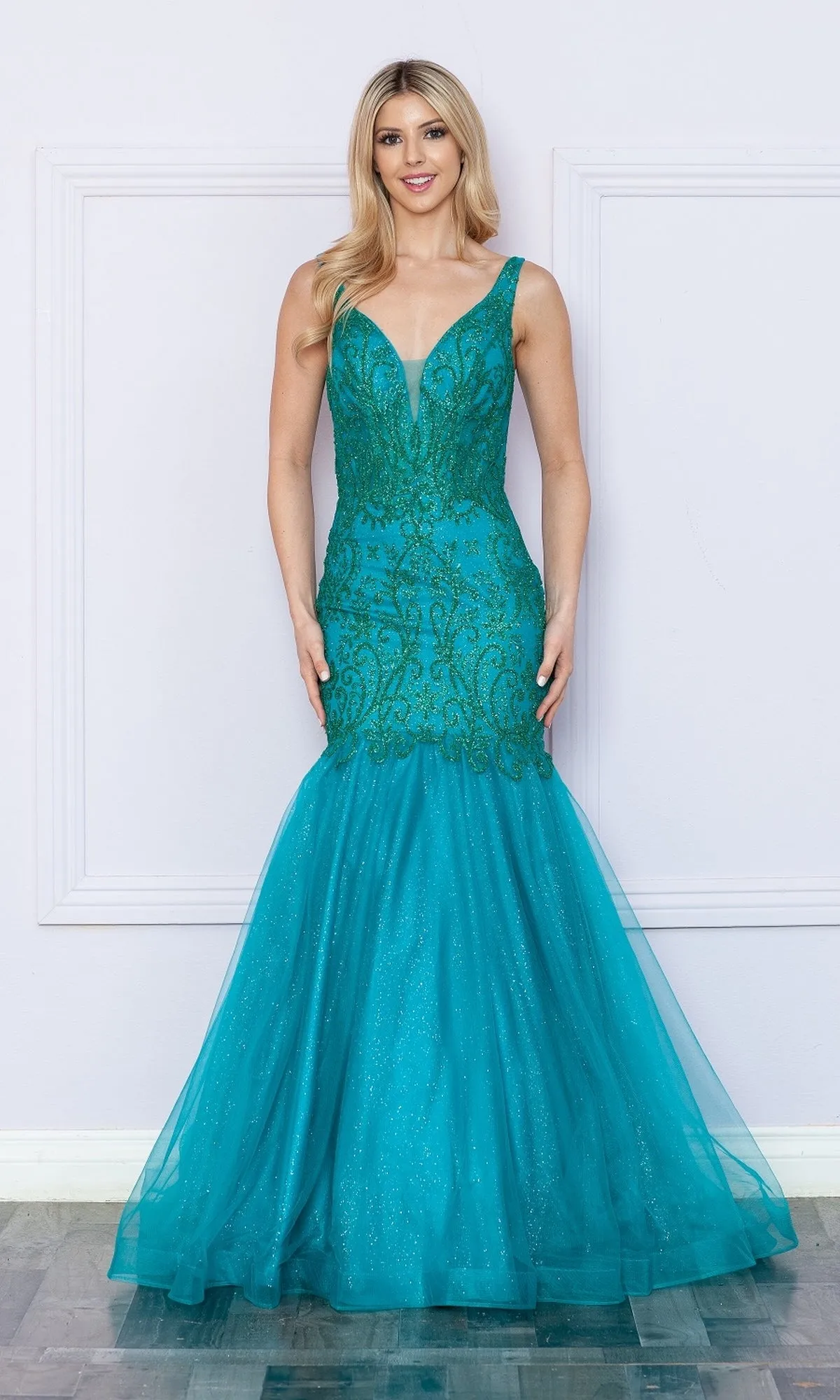 Low V-Neck Long Glitter Mermaid Prom Dress 9388 sold by PromGirl