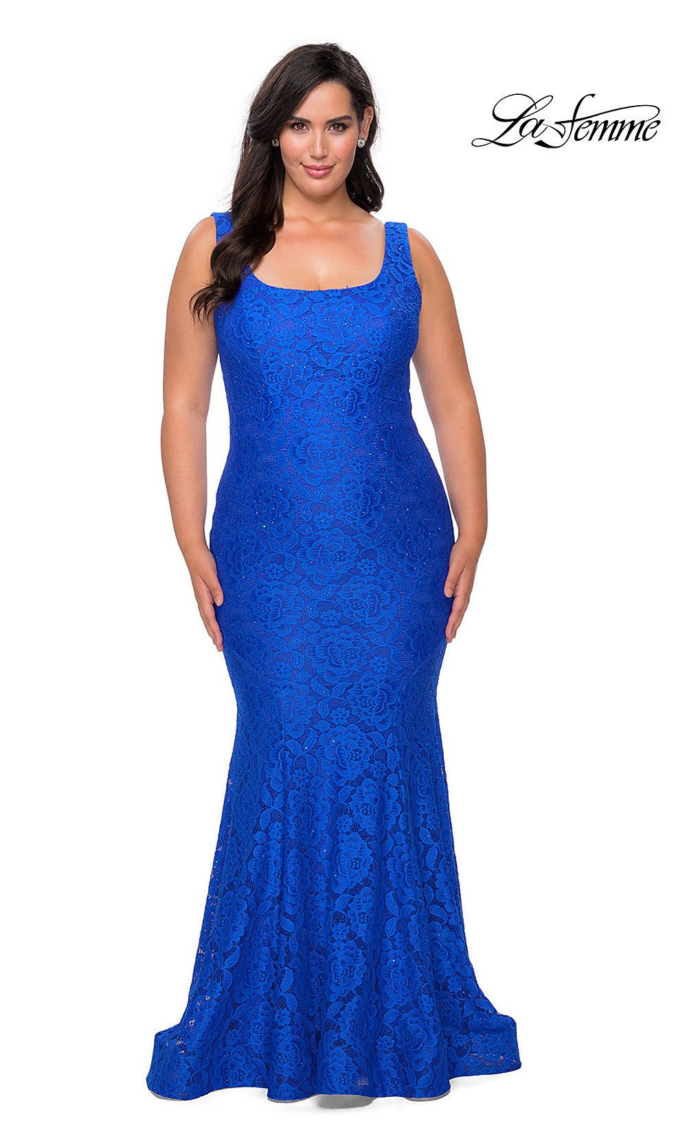 Beaded-Lace Plus-Size Long La Femme Formal Dress sold by PromGirl