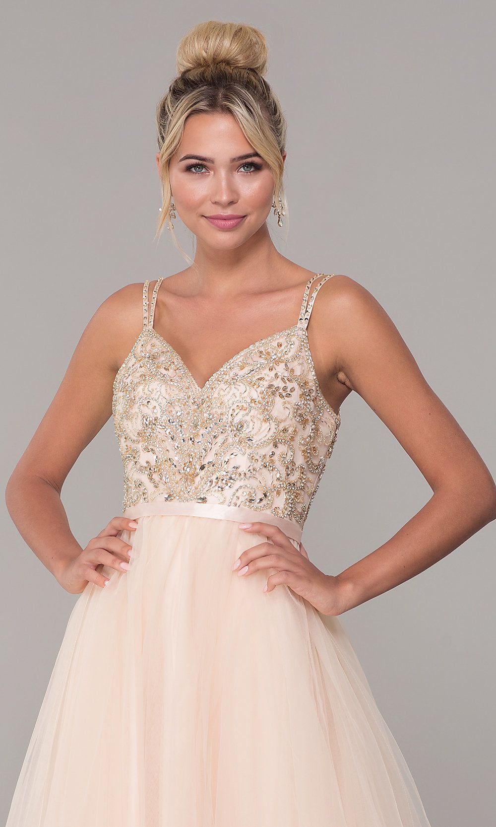 Long Tulle Prom Dress with V-Neck Beaded Bodice sold by PromGirl product image thumbnail 4
