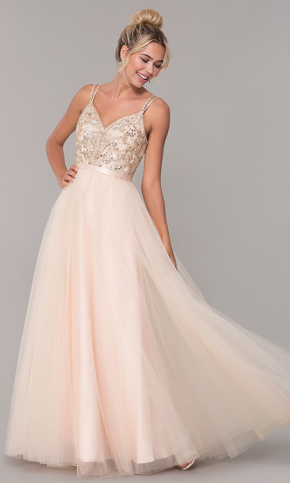 Long Tulle Prom Dress with V-Neck Beaded Bodice sold by PromGirl