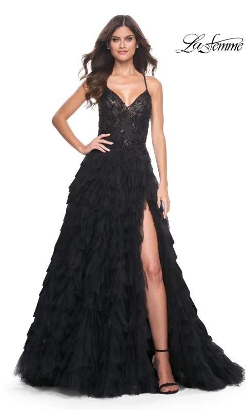 La Femme Long Black Ruffled Prom Ball Gown 32108 sold by PromGirl