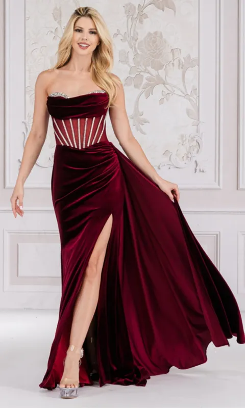 Sheer-Waist Strapless Long Velvet Prom Dress 5051 sold by PromGirl