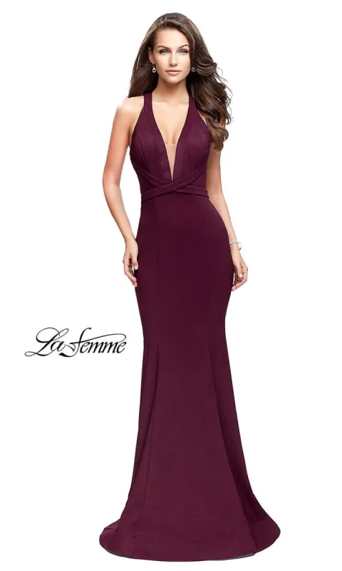 La Femme Strappy-Back Long Burgundy Red Prom Dress sold by PromGirl