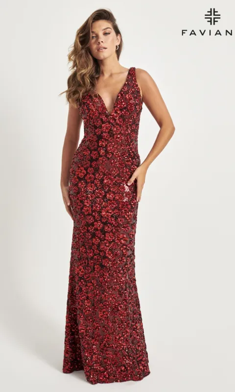 Sequin-Floral Faviana Long Prom Dress 11038 sold by PromGirl