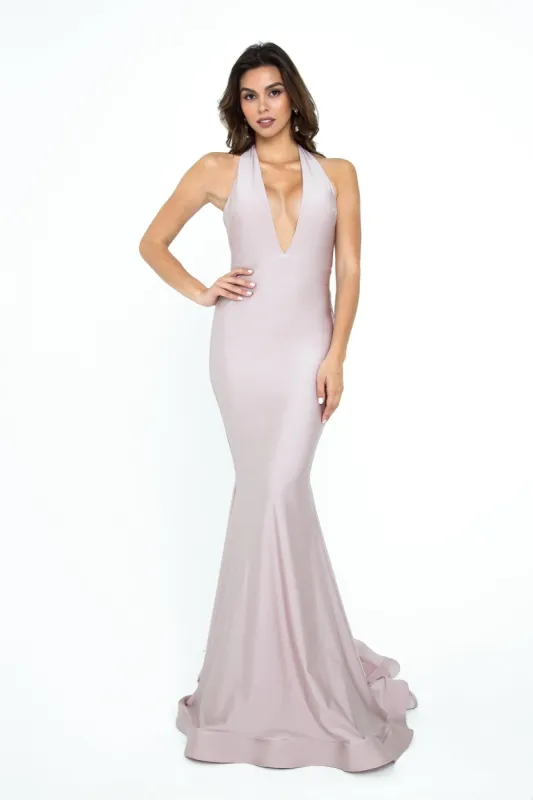Deep V-Neck Long Halter Prom Dress: Atria 6202H sold by PromGirl