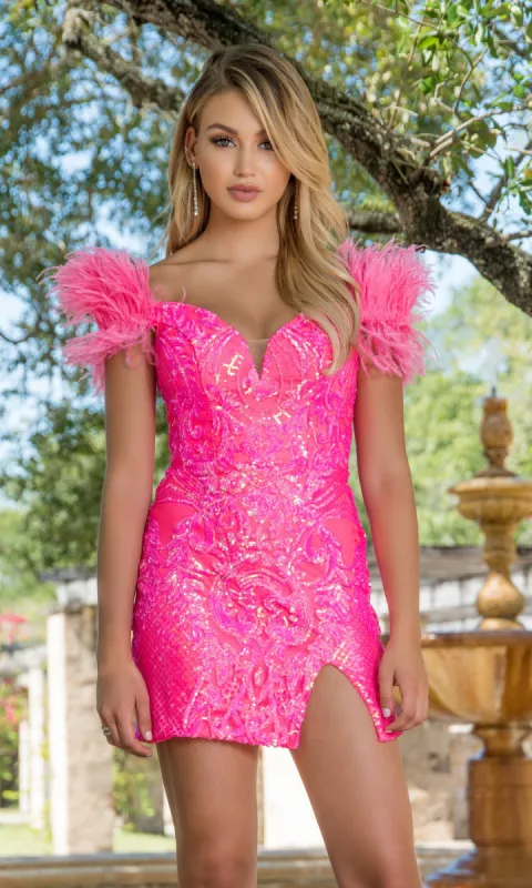 Feathered Short Sequin Cocktail Dress 28212 sold by PromGirl