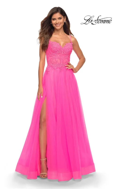 La Femme Neon Pink Long Ball Gown with Lace sold by PromGirl