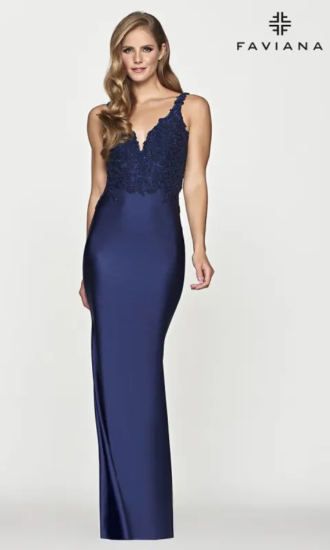 Faviana Long Navy Blue Prom Dress with Cut Out sold by PromGirl