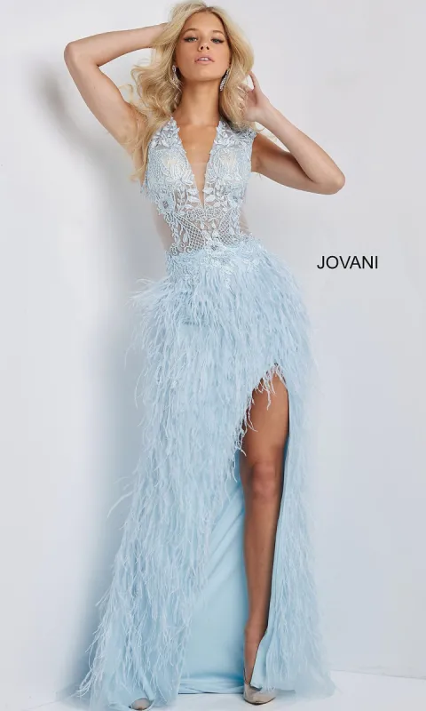 Long Sheer-Bodice Feather Prom Dress by Jovani sold by PromGirl