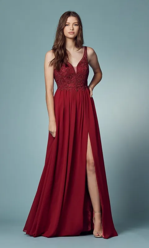 Low V-Neck Long A-Line Prom Dress with Skirt Slit sold by PromGirl