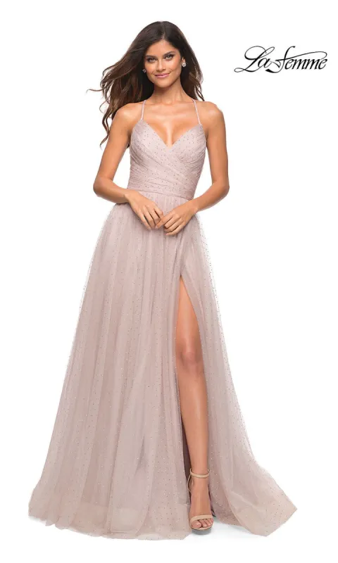 La Femme Long Beaded Tulle Ball Gown for Prom sold by PromGirl