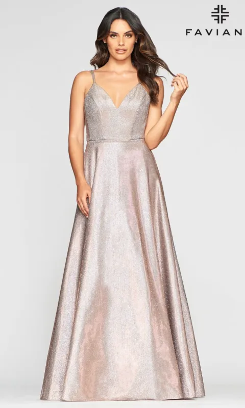 Long Metallic Glitter A-Line Prom Dress by Faviana sold by PromGirl