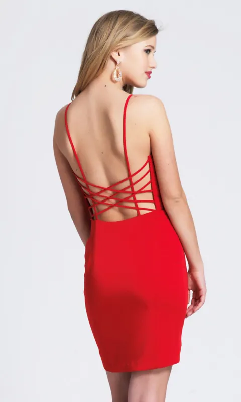 Short Red Strappy Statement-Back Homecoming Dress sold by PromGirl