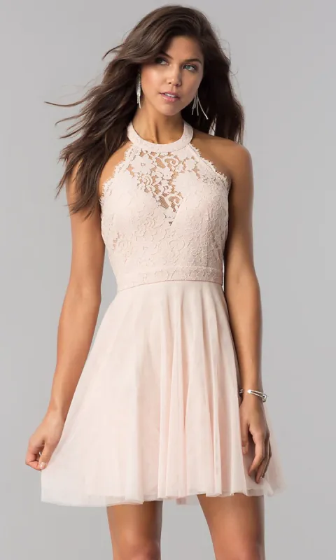 High-Neck Short Halter Party Dress for Homecoming sold by PromGirl