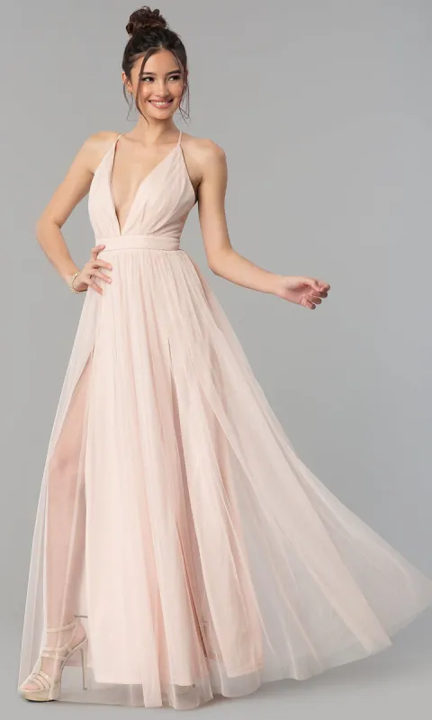 Long Tulle Formal Prom Dress with Low V-Neck made by PromGirl