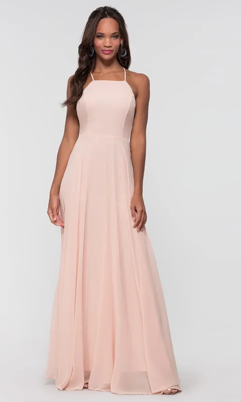 Open-Back High-Neck A-Line Chiffon Long Prom Dress sold by PromGirl
