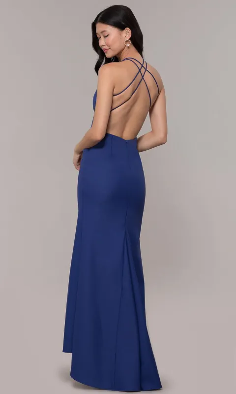 Long Front-Slit V-Neck Backless Simple Prom Dress sold by PromGirl