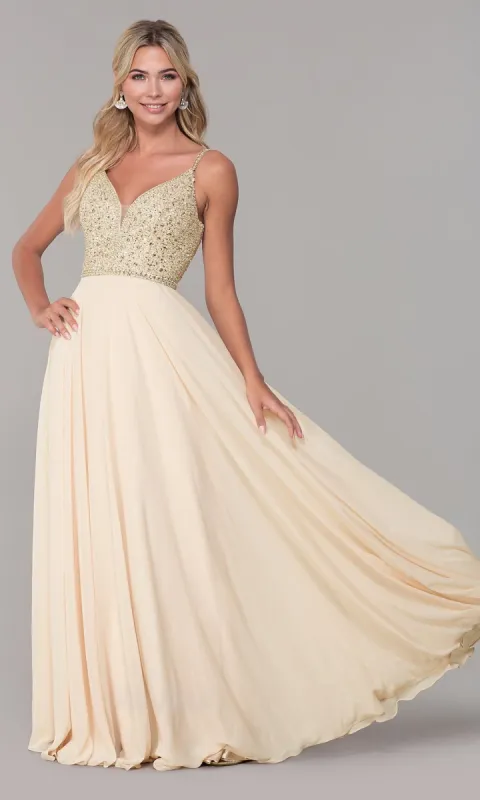 Long V-Neck Sleeveless Beaded-Bodice Prom Dress sold by PromGirl
