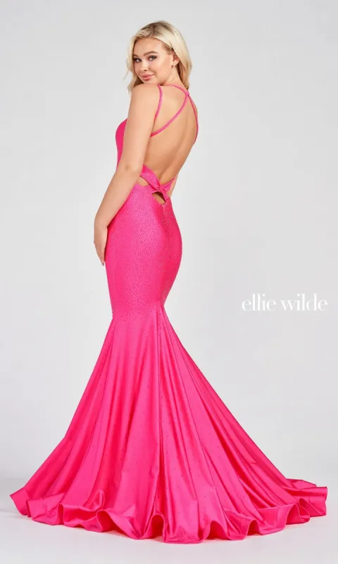 Strappy-Back Long Beaded Ellie Wilde Formal Gown sold by PromGirl