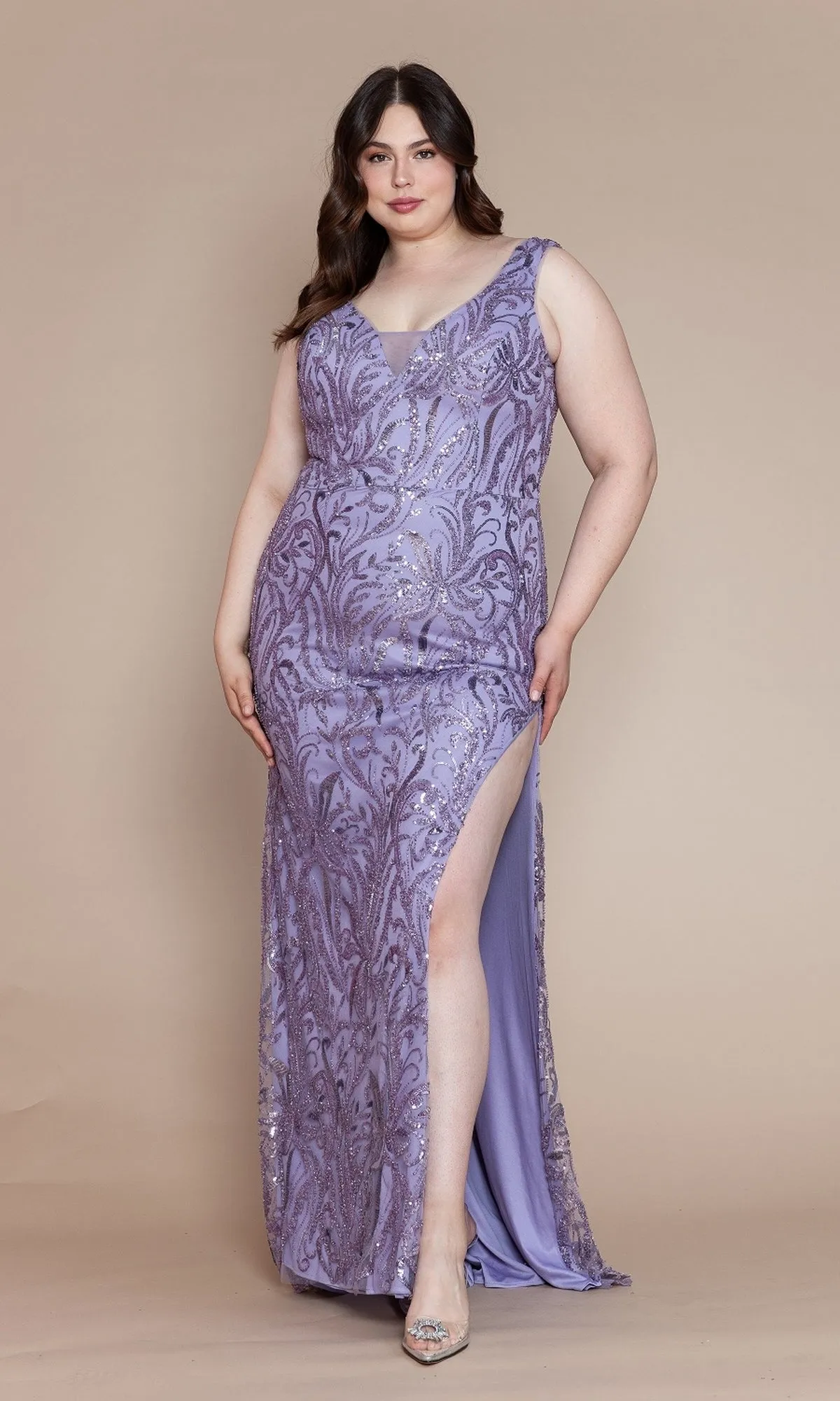 Glitter-Print Long Plus-Size Prom Dress W1140 sold by PromGirl