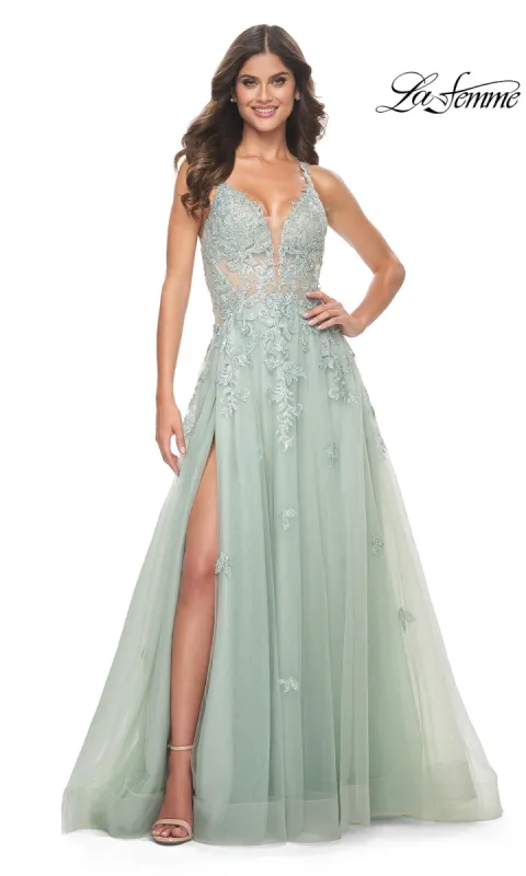 Sheer-Waist Long A-Line Prom Dress: La Femme 32438 sold by PromGirl