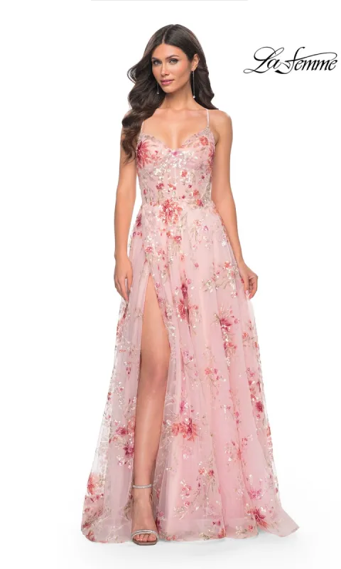 La Femme Floral-Sequin Long A-Line Prom Dress 32031 sold by PromGirl