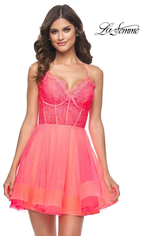 La Femme Hot Coral A-Line Homecoming Dress 31469 sold by PromGirl