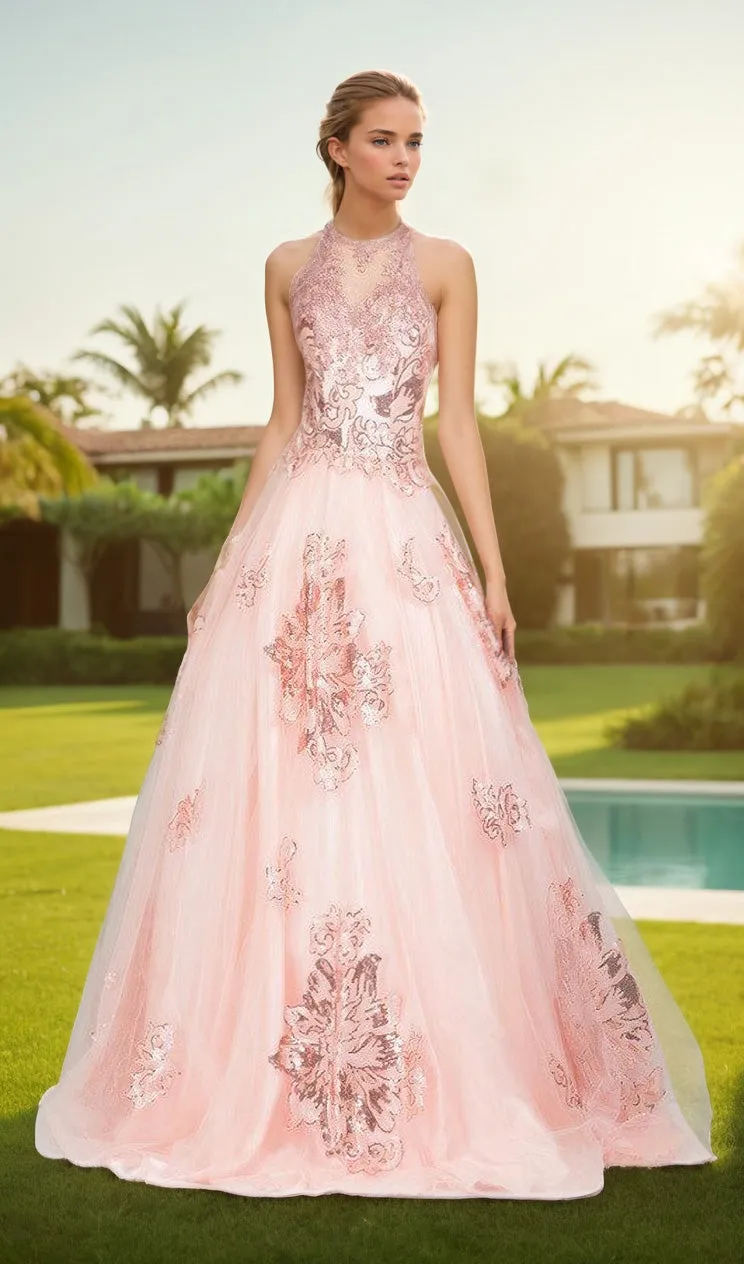 High-Neck Long Prom Ball Gown: Chicas DR7008 sold by PromGirl