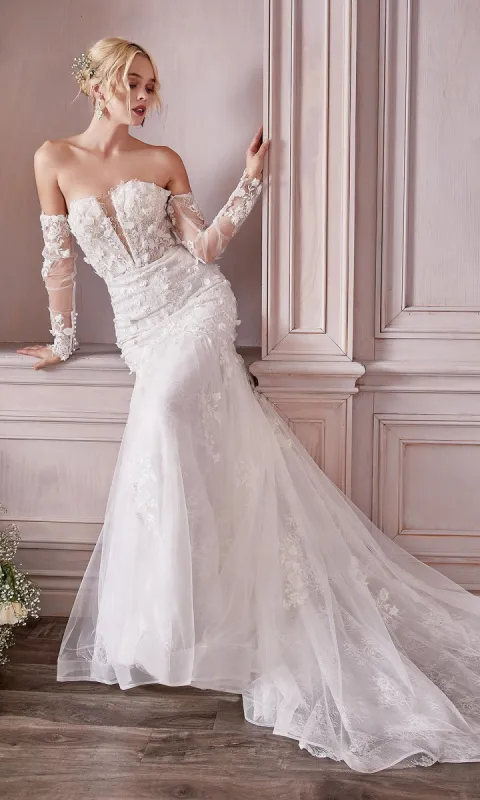 Long White Strapless Bridal Gown CD977W sold by PromGirl