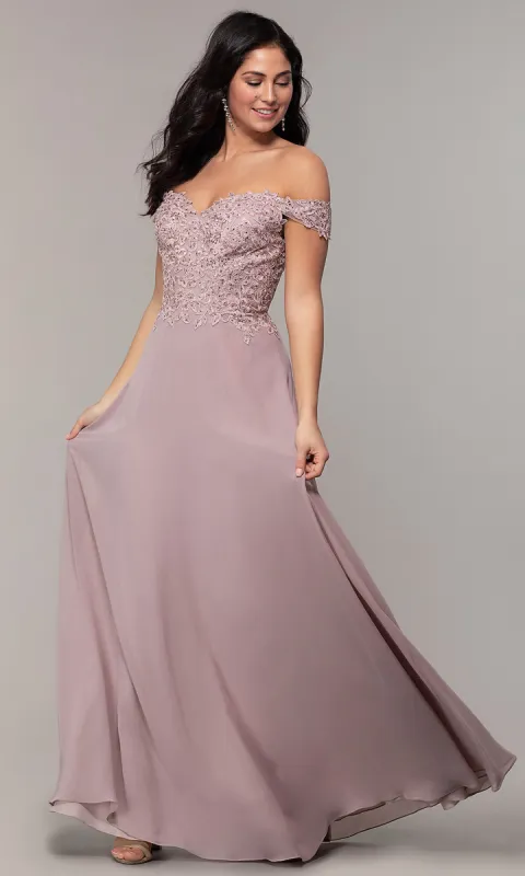Off-the-Shoulder Long Mocha A-Line Prom Dress sold by PromGirl