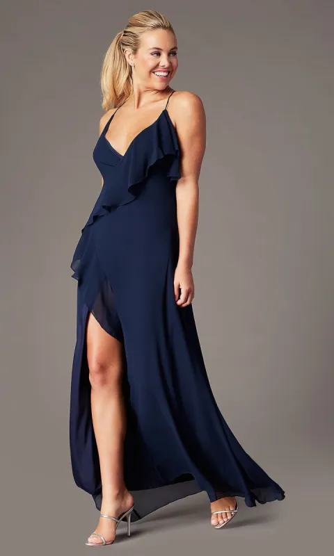 Long Open-Back V-Neck Wrap Prom Dress by Simply sold by PromGirl