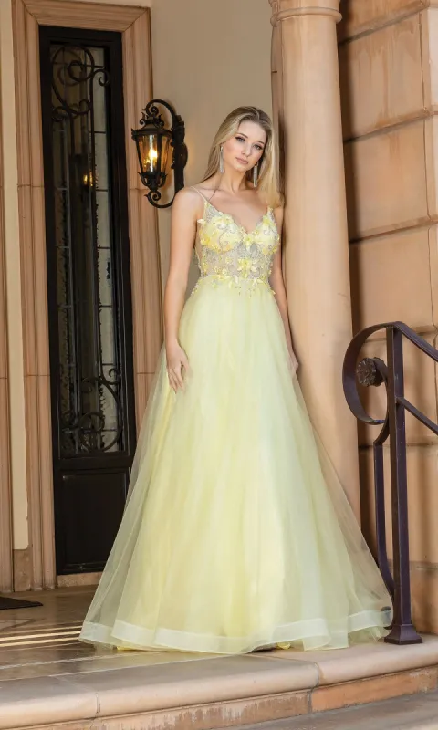Long A-Line Tulle Prom Ball Gown with Flowers 4276 sold by PromGirl