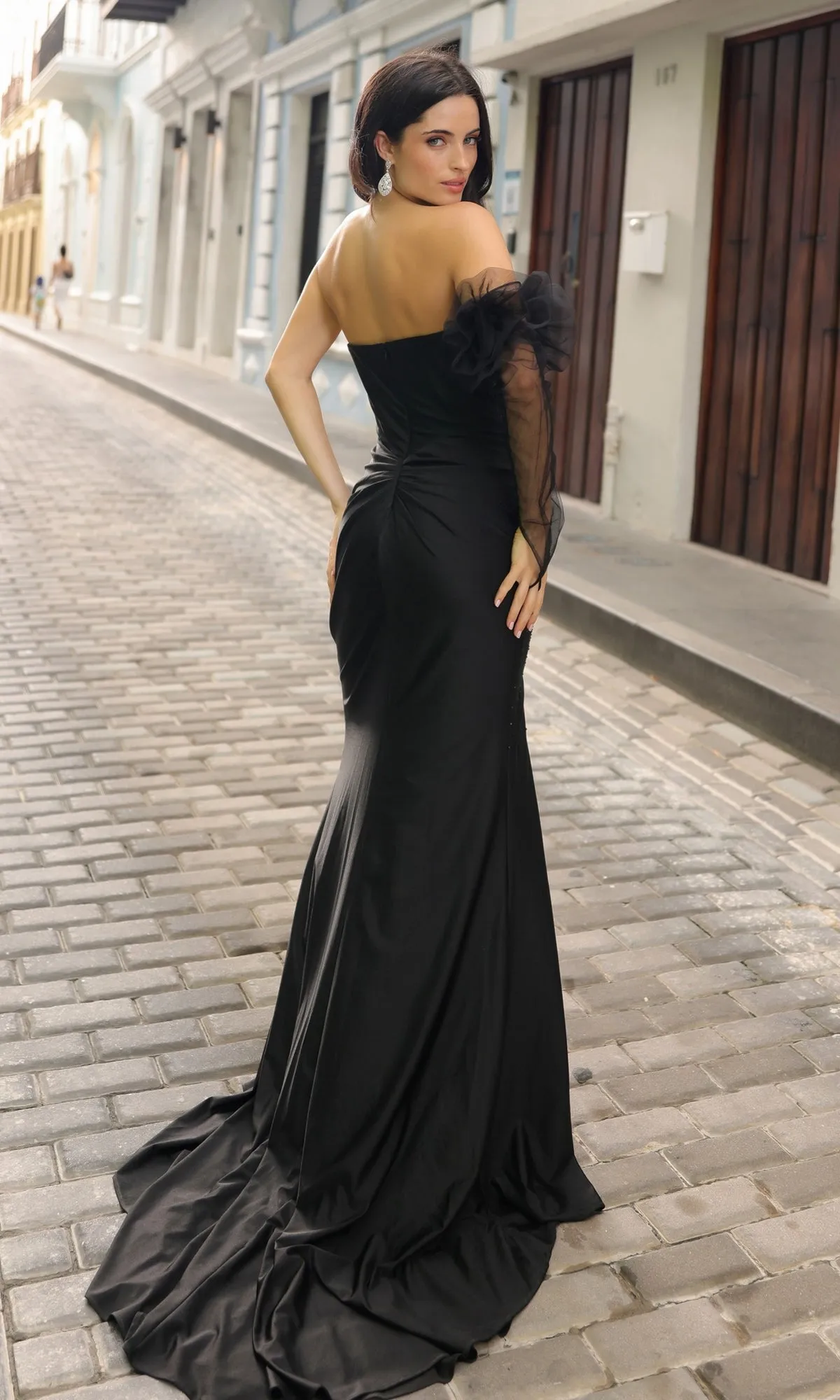 Sheer-Sleeve Long Black Strapless Prom Dress Y1473 sold by PromGirl product image thumbnail 2
