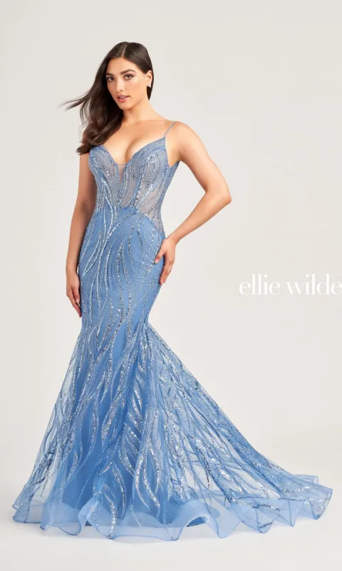 Sheer-Bodice Long Ellie Wilde Prom Dress EW35098 sold by PromGirl