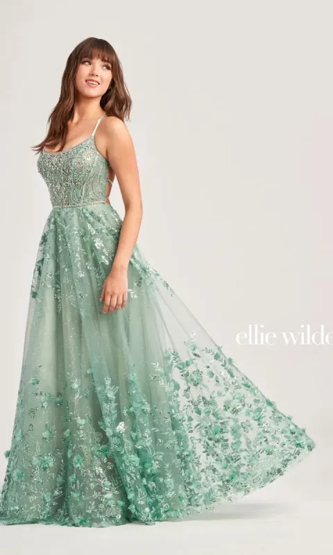 Ellie Wilde Glitter Long A-Line Prom Dress EW35240 sold by PromGirl