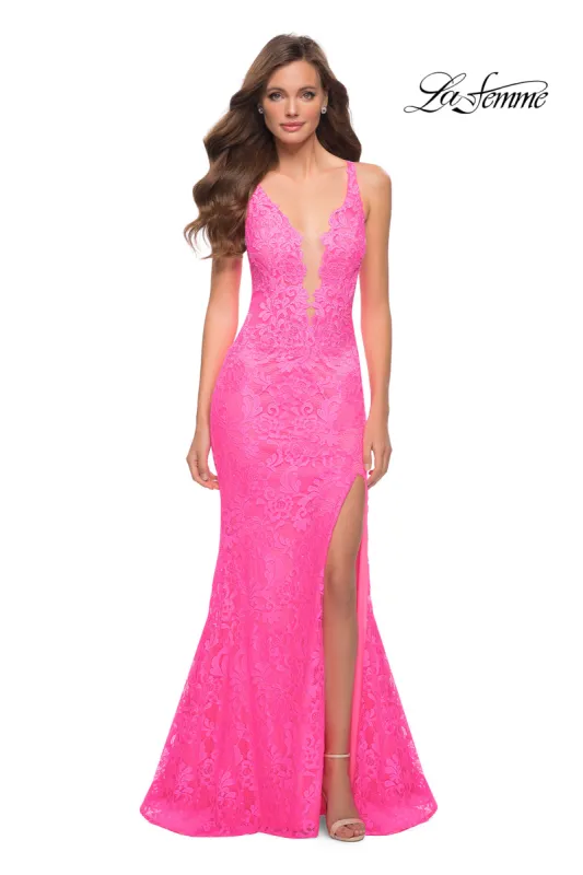Deep V-Neck Long Lace Prom Dress: La Femme 29978 made by La Femme
