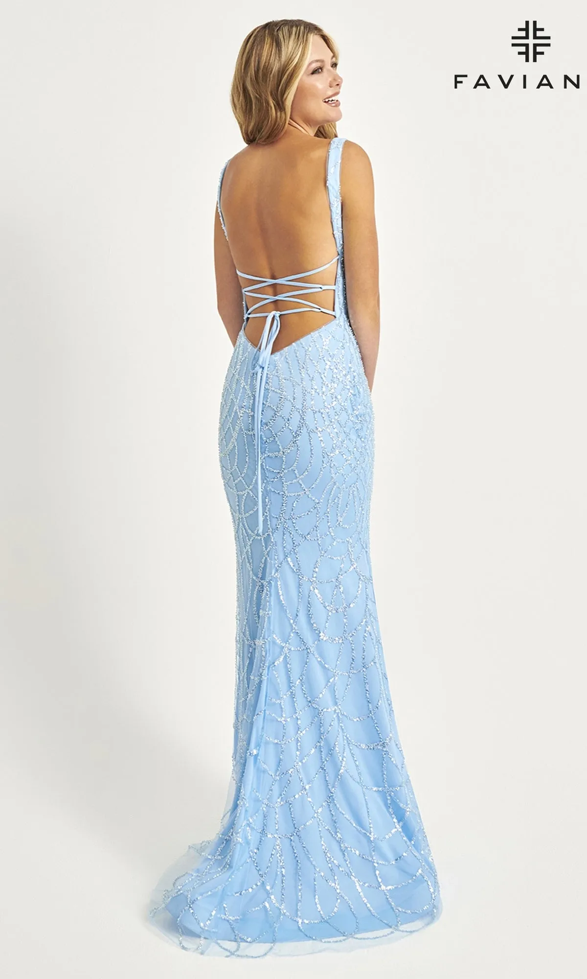 Glitter-Print Long Faviana V-Neck Prom Dress 11086 sold by PromGirl product image thumbnail 2