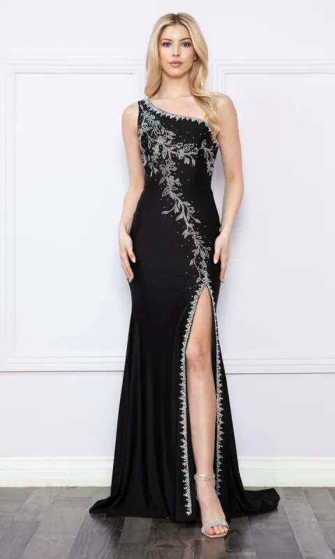 One-Shoulder Long Beaded Prom Dress: Poly USA 9136 sold by PromGirl