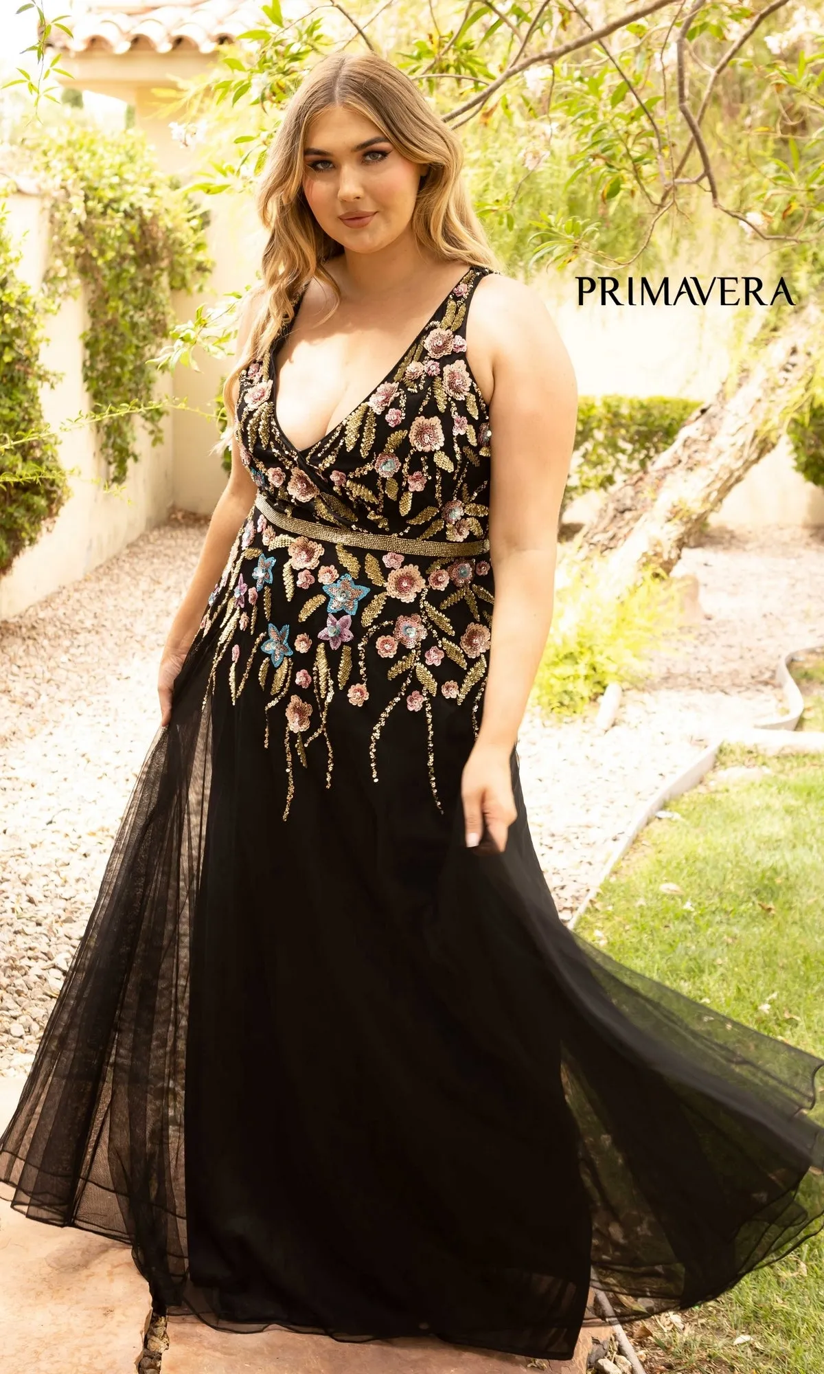 Floral-Beaded Long Black Plus-Size Prom Dress sold by PromGirl product image thumbnail 3