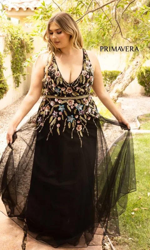 Floral-Beaded Long Black Plus-Size Prom Dress sold by PromGirl